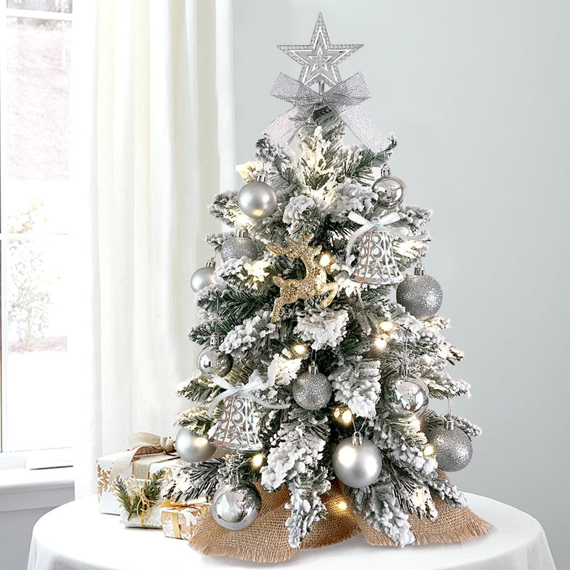 2ft Mini Christmas Tree With Light Artificial Small Tabletop Christmas Decoration With Flocked Snow,