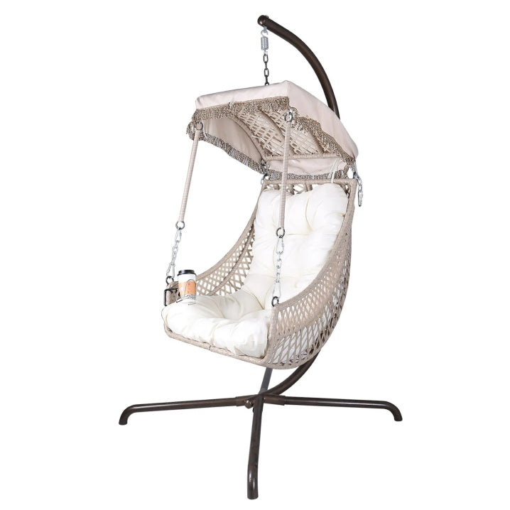 Indoor And Outdoor Swing Egg Chair With Stand, Beige UV Protection Cushion Hanging Chair