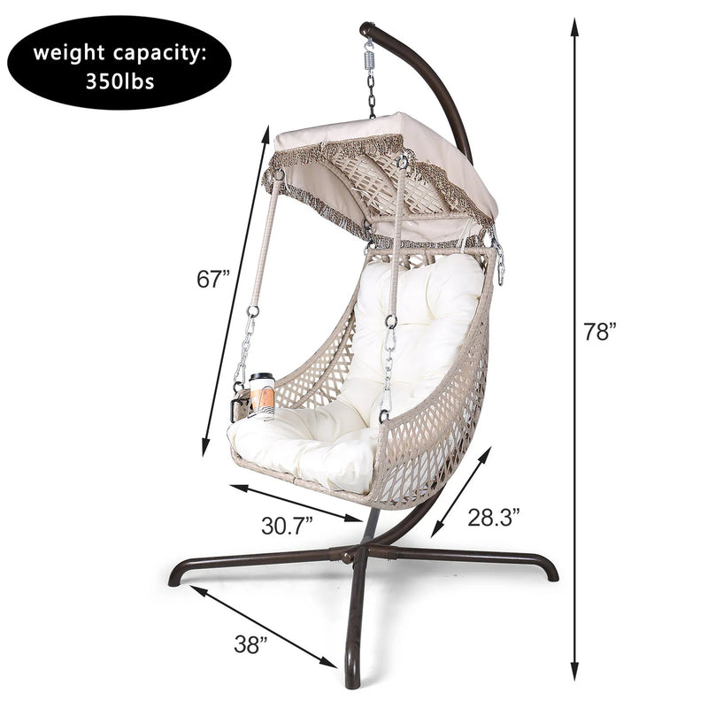 Indoor And Outdoor Swing Egg Chair With Stand, Beige UV Protection Cushion Hanging Chair