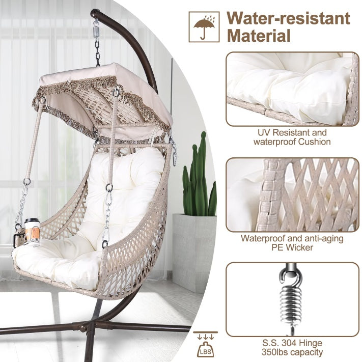 Indoor And Outdoor Swing Egg Chair With Stand, Beige UV Protection Cushion Hanging Chair