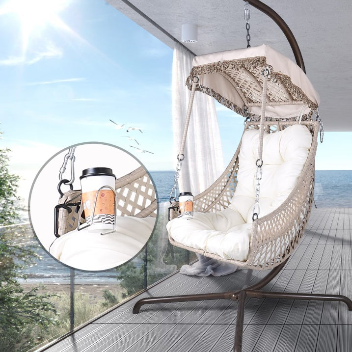 Indoor And Outdoor Swing Egg Chair With Stand, Beige UV Protection Cushion Hanging Chair