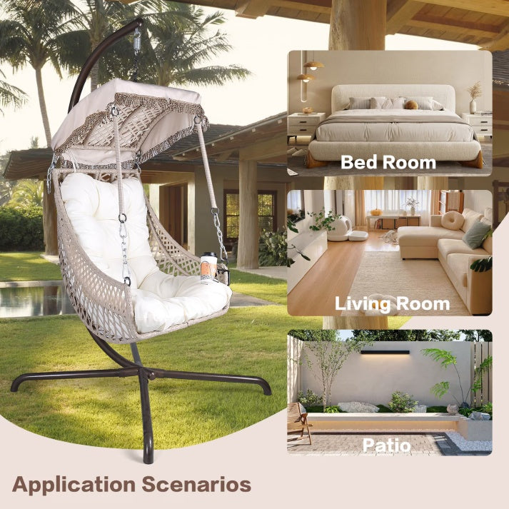 Indoor And Outdoor Swing Egg Chair With Stand, Beige UV Protection Cushion Hanging Chair