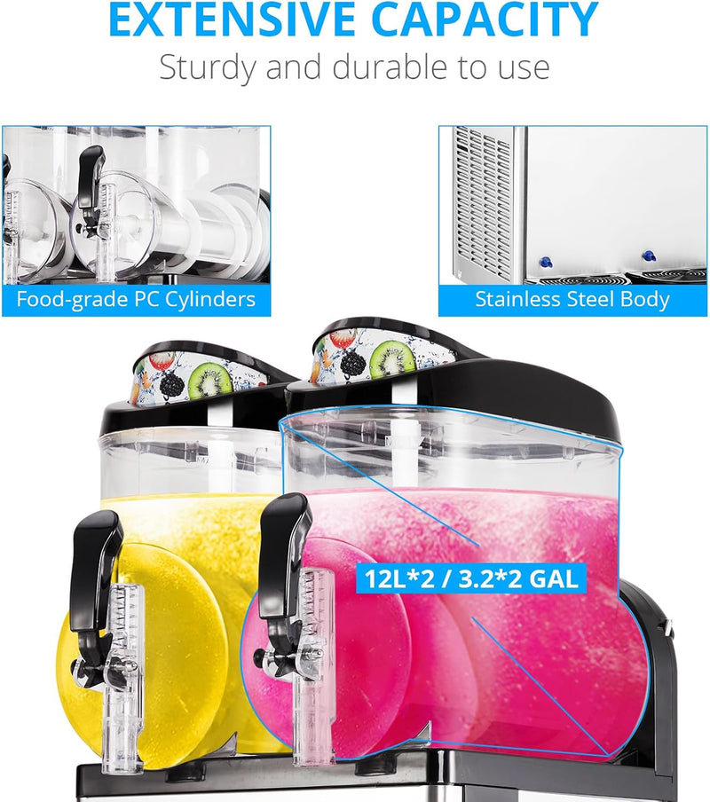 Commercial Slushy Machine 24L, 6.4 Gals Margarita Machine, 500W Frozen Drink Machine, Food-Grade PC Tanks & Stainless Steel, for Restaurants Bars Pool Parties