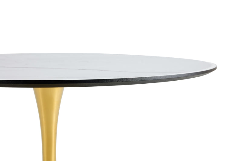 LIVING ROOM DINING TABLE-WHITE ROUND TABLE WITH GOLD LEGS 80CM IN DIAMETER.