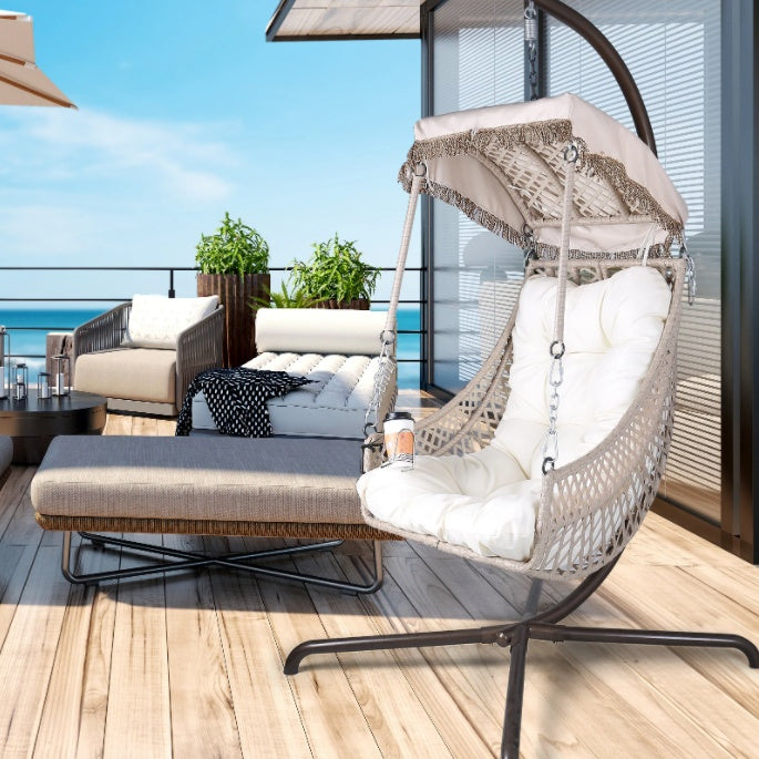 Indoor And Outdoor Swing Egg Chair With Stand, Beige UV Protection Cushion Hanging Chair